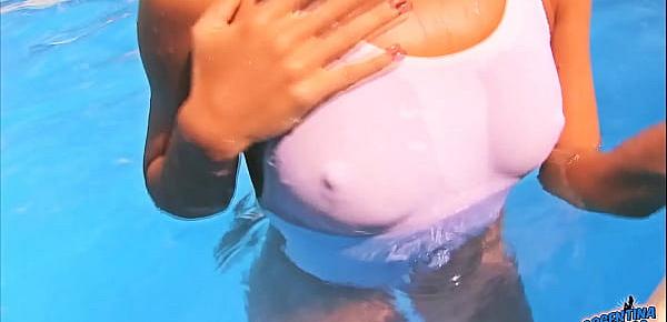  Perfect Ass Teen Wearing See-Through Swimsuit In The Pool!